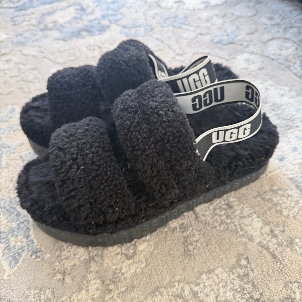 UGG Black Plush Shearling -Strap Slide Sandals
